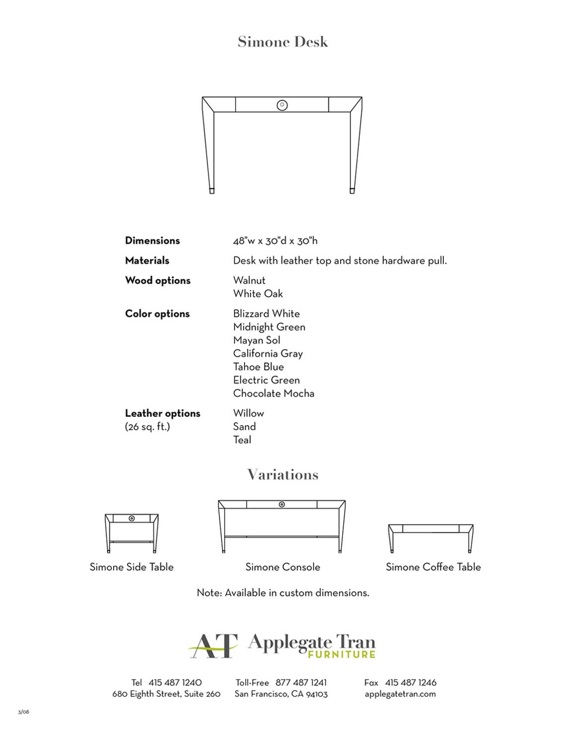 Applegate Tran Furniture Product Sheet