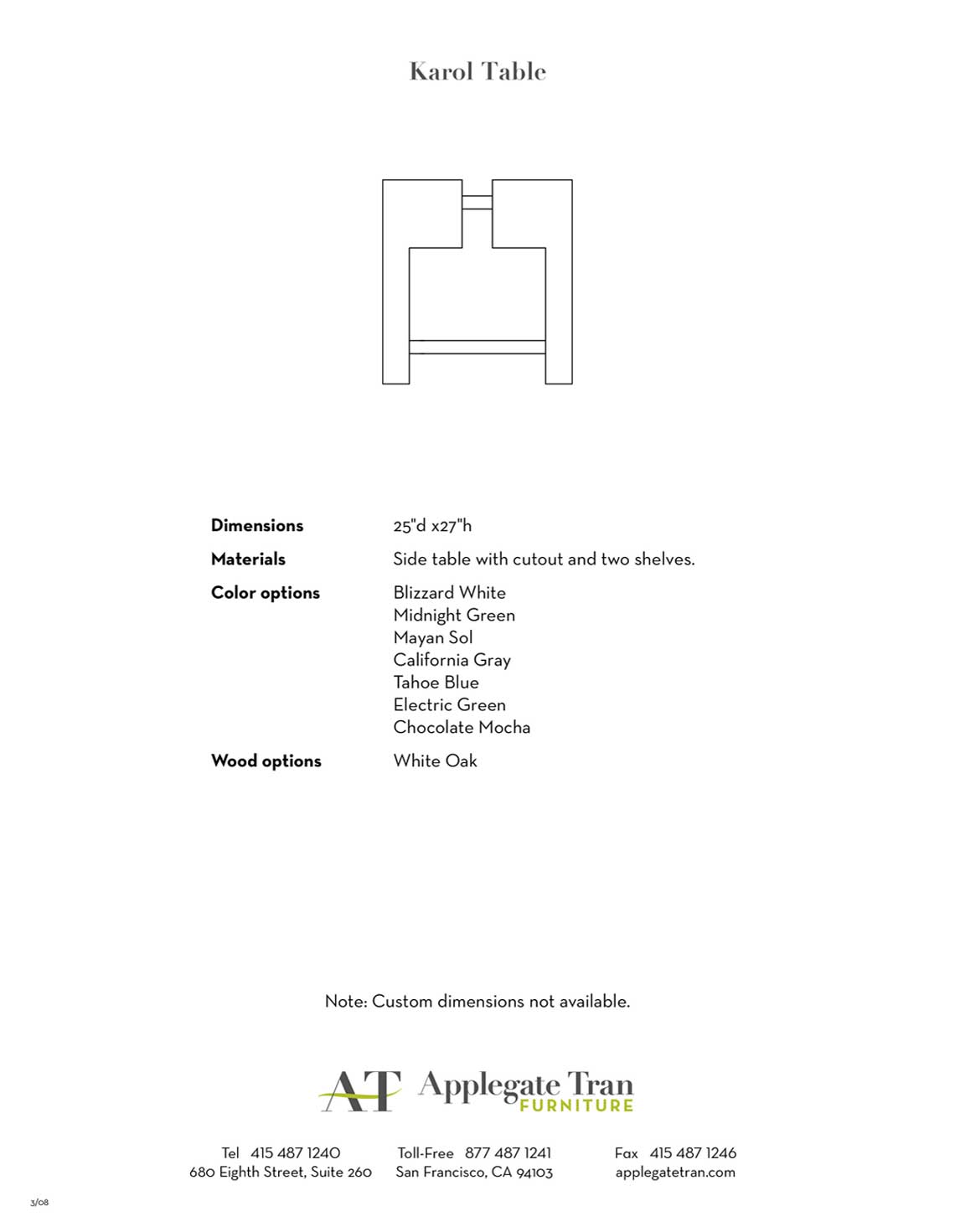 Applegate Tran Furniture Product Sheet